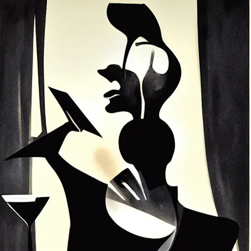 Prompt: A woman pouring a black liquid from a martini glass into her mouth. The liquid is made of shadow, deep shadows, dark mood, by Dave McKean