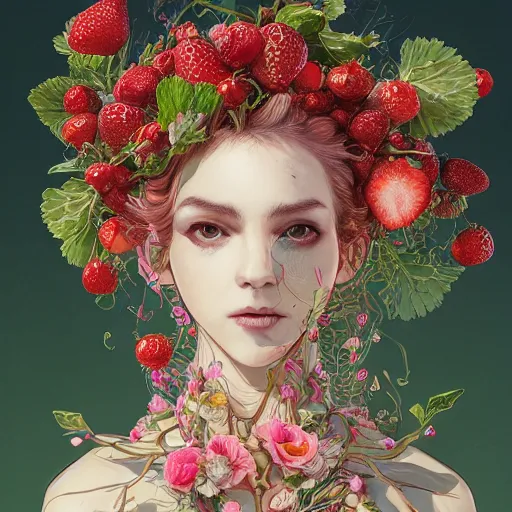 Image similar to the portrait of an absurdly beautiful, graceful, elegant, chaste, young woman made of strawberries and green petals, an ultrafine detailed illustration by kim jung gi, irakli nadar, intricate linework, bright colors, octopath traveler, final fantasy, angular, unreal engine 5 highly rendered, global illumination, radiant light, detailed and intricate environment