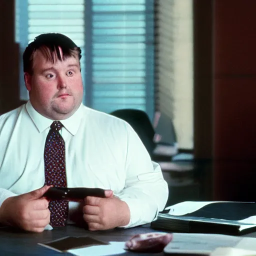 Image similar to cinematic film still from 1 9 9 4 film : portly clean - shaven white man wearing suit and necktie at his desk. he has his right foot propped up on his desk. xf iq 4, f / 1. 4, iso 2 0 0, 1 / 1 6 0 s, 8 k, raw, dramatic lighting, symmetrical balance, in - frame
