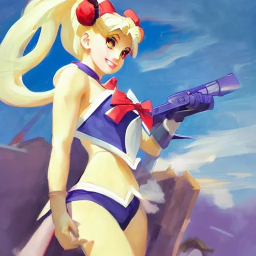 Image similar to greg manchess portrait painting of usagi sailor moon as overwatch character, medium shot, asymmetrical, profile picture, organic painting, sunny day, matte painting, bold shapes, hard edges, street art, trending on artstation, by huang guangjian and gil elvgren and sachin teng