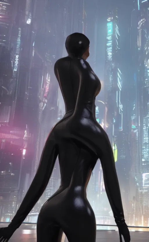 Prompt: a beautiful Black woman wearing a leather catsuit, standing with her back to us, in a futuristic blade runner city, unreal engine, art stations, 8k