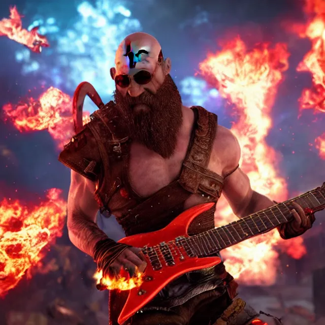 Prompt: sunglasses wearing kratos shredding on a flaming stratocaster guitar, cinematic render, god of war 2 0 1 8, santa monica studio official media, sunglasses, lightning, clear