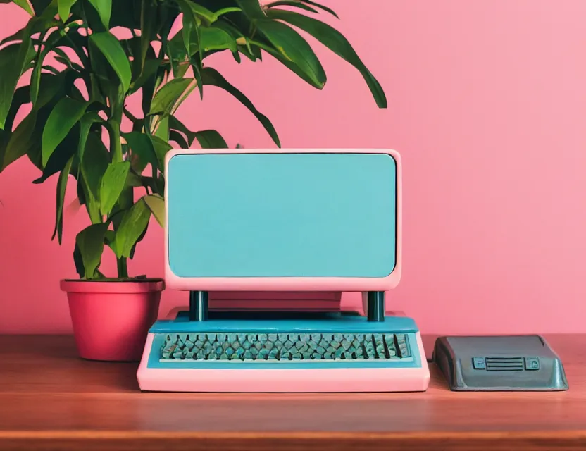 Image similar to 1 9 5 0 s risograph print of a retro computer on a table next to a potted plant, in shades of peach, pink, and teal gradient