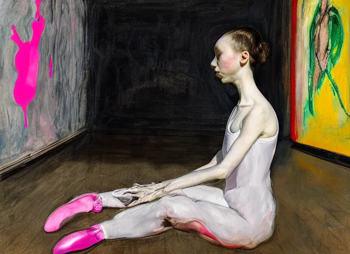 Prompt: portrait of nervous young girl ballerina sitting on the floor focusing in a dance hall by hernan bas and francis bacon and pat steir and hilma af klint, psychological, symmetrical face, dripping paint, washy brush, matte painting, rendered in octane, altermodern, masterpiece