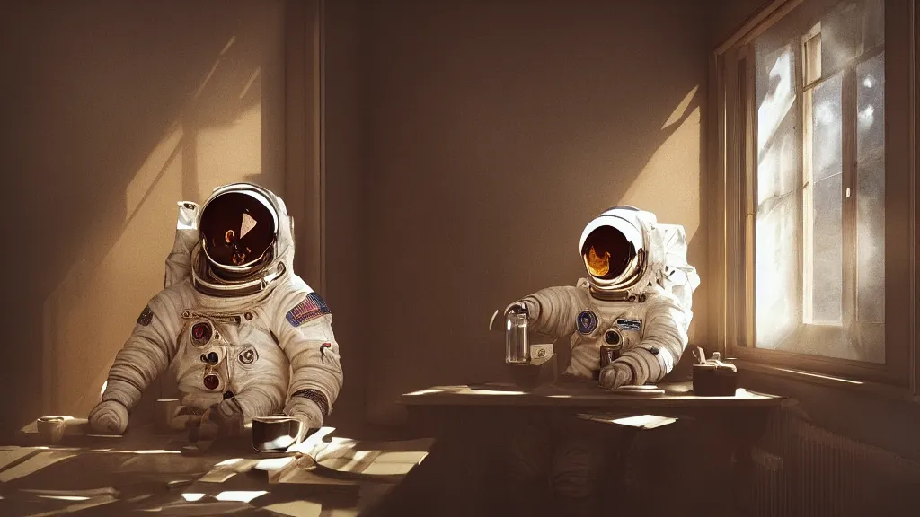 Image similar to a single cosmonaut in a spacesuit drinks steaming tea at an old wooden desk in a richly decorated Victorian house. the autumn light comes in through a window and dimly illuminates the room, diffuse light, octane render