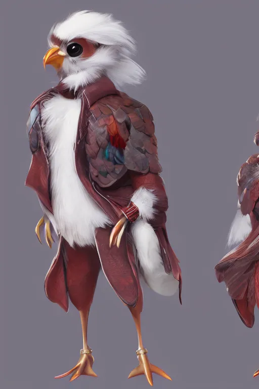Prompt: Fashionable Anthropomorphic bird concept art by Jason Chan and Willian Murai, 8k, unreal engine