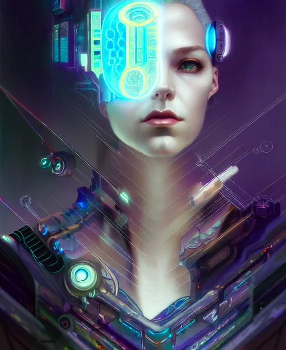 Image similar to a whirlwind of souls rushing inside the metaverse, hologram, half body, neurochip, shaved temple, piercing, jewelry, android, cyborg, cyberpunk face, by loish, d & d, fantasy, intricate, elegant, highly detailed, colorful, digital painting, artstation, concept art, art by artgerm and greg rutkowski and alphonse mucha