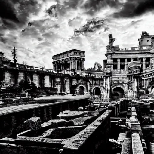 Prompt: rome in 2 3 0 0, futuristic, cinematic, black and white