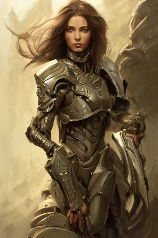 Image similar to a professional painting of an attractive young female clothed in military armor, olive skin, long dark hair, beautiful bone structure, symmetrical facial features, intricate, elegant, digital painting, concept art, smooth, sharp focus, illustration, from StarCraft by Ruan Jia and Mandy Jurgens and Artgerm and William-Adolphe Bouguerea