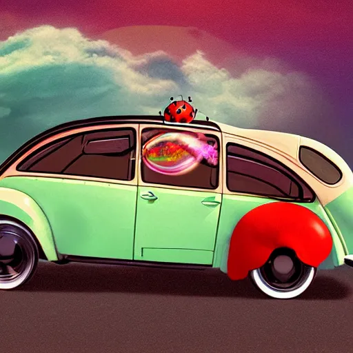 Image similar to a hybrid giant lady bug is merged with'herbie the love bug'car, digital art, phtorealistic, imax, 7 0 mm, movie still