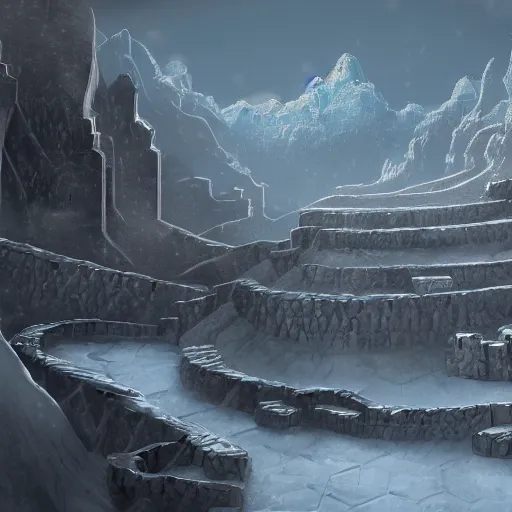 Image similar to fantasy concept art, marble city covered in snow, Greco style, mountains, labyrinth, high detail, 8k