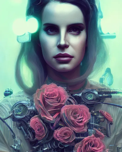 Image similar to portrait of lana del rey as a cyberpunk cyborg. roses, sci - fi, intricate abstract, upper body, intricate artwork, by tooth wu, wlop, beeple, dan mumford. concept art, 8 k octane render, deviantart, greg rutkowski, cinematic, key art, hyperrealism, iridescent accents