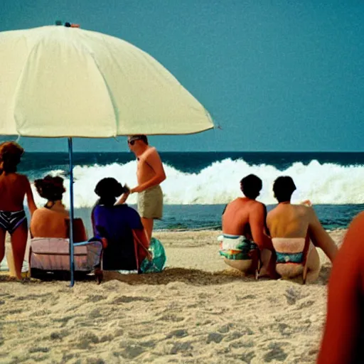 Image similar to a photo of people at the beach, by william eggleston, 1976