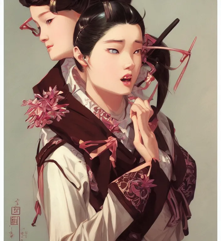 Image similar to Nezuko, very detailed, digital art, concept art, studio quality, fantasy, art style by J. C. Leyendecker