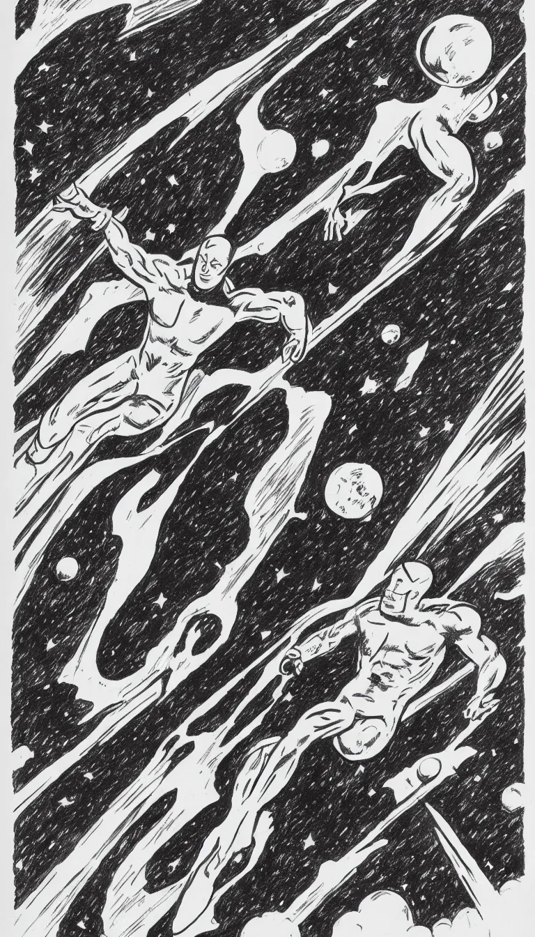 Image similar to silver surfer in space hovering above earth, by steve ditko, black and white, pencil drawing,