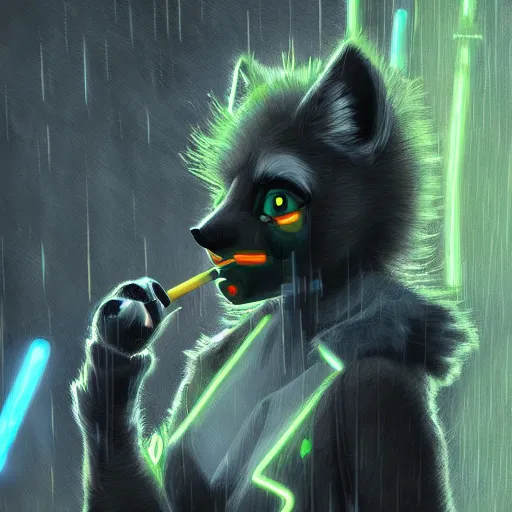 Image similar to digital painting of anthromorphic hyena female smoking cigarrete, fursona, furry fandom, furaffinity, neon rainy cyberpunk setting, anthro, wearing cyberpunk leather jacket, detailed face, blade runner, zootopia style,