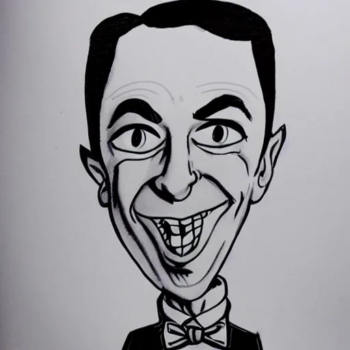 Image similar to caricature drawing of pee wee herman, illustration, ink, isca, award winning, new yorker