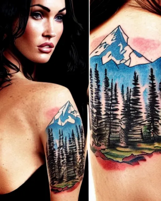 Image similar to tattoo design sketch of megan fox with beautiful mountain scenery, in the style of dan mountford, double exposure effect, hyper realistic, amazing detail