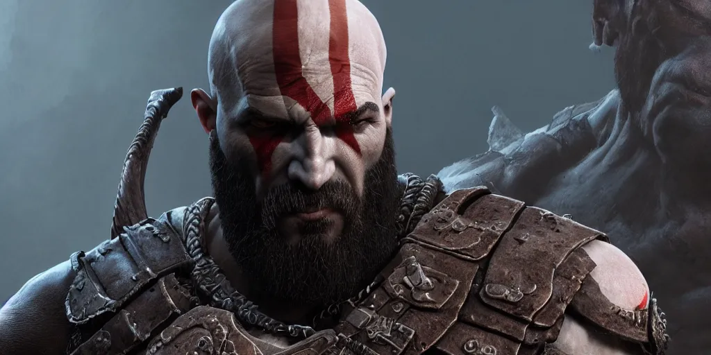 Image similar to Very highly detailed 3D render of an amalgamation of Kratos (God of War) mixed with Marcus fenix (Gears of War) by Greg Rutkowski, extremely detailed, brush hard, Atmospheric lighting, artstation, 4k, Ray Tracing, Maya, Unreal Engine 5, UE5