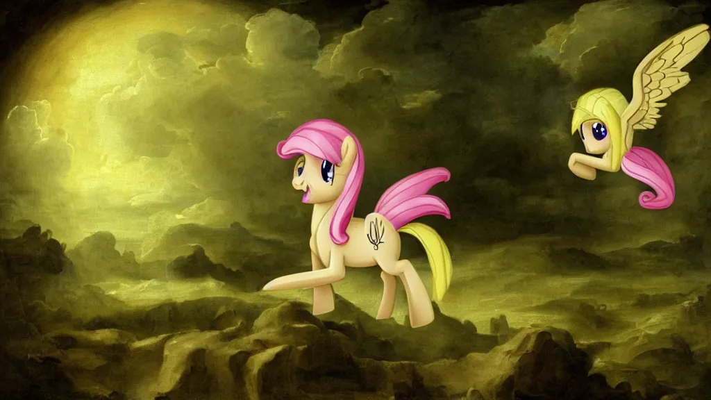 Image similar to Renaissance painting of Fluttershy from My Little Pony as a necromancer, standing over a tomb stone, bright green swirls coming up it, glowing aura around her, pitch black background, dramatic and colorful lighting, floating green chibi glowing skulls, smoke all around, insane special effects, 4k, HDR, camera angle looking up at her from the ground, bones lying on the ground, inside a crypt, skeletons rising from the dead, artwork, gothic style, detailed feathers, detailed faces with large eyes and pupils