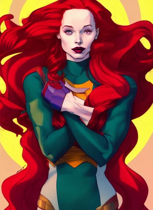 Image similar to Rafeal Albuquerque comic art, Joshua Middleton comic art, cinematics lighting, sunset colors, pretty female Madelaine Petsch Rogue x-men marvel, big smirk, symmetrical face, symmetrical eyes, long red hair and white hair, with white streak in hair, full body, flying in the air, sunset