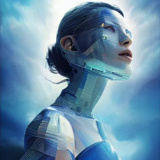 Image similar to 3 d, sci - fi, close - up, morning, smiling fashion model face, sun, cinematic, clouds, sun rays, vogue cover style, poster art, blue mood, realistic painting, intricate oil painting, high detail illustration, figurative art, multiple exposure, poster art, 3 d, by tooth wu and wlop and beeple and greg rutkowski