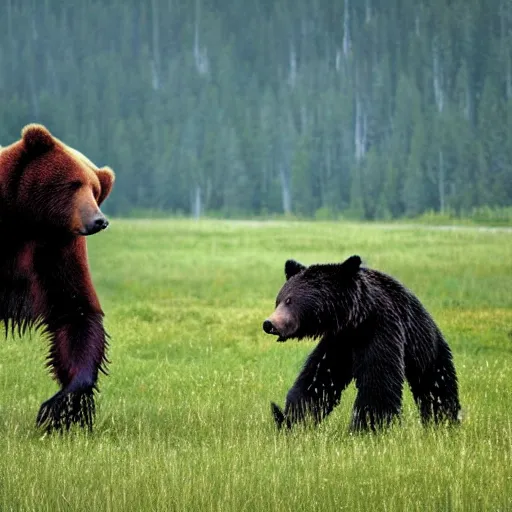 Image similar to realistic photo of a human - size black spider fighting a grizzly bear in a meadow