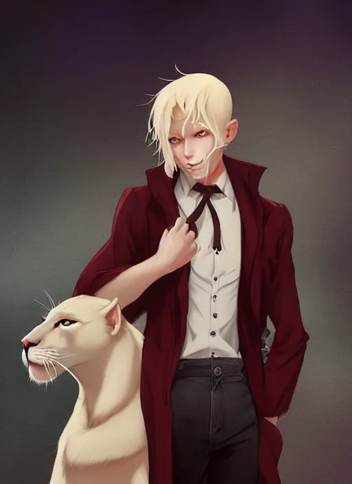 Image similar to beautiful portrait commission of a male furry anthro albino mountain lion with dark red eyes wearing a dress shirt in an old-timey Saloon. Atmospheric. Character design by charlie bowater, ross tran, artgerm, and makoto shinkai, detailed, inked, western comic book art