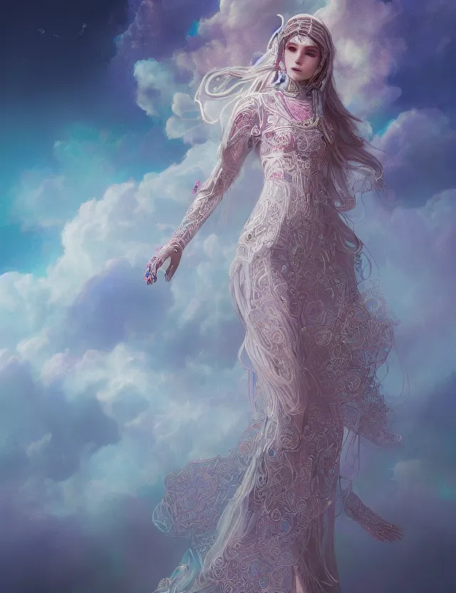 Prompt: techno - embroidered human decorated with filigree and beads walks in the clouds, safe for work, vivid pastel color scheme, by award - winning concept artist, dynamic composition, backlighting, radiant light