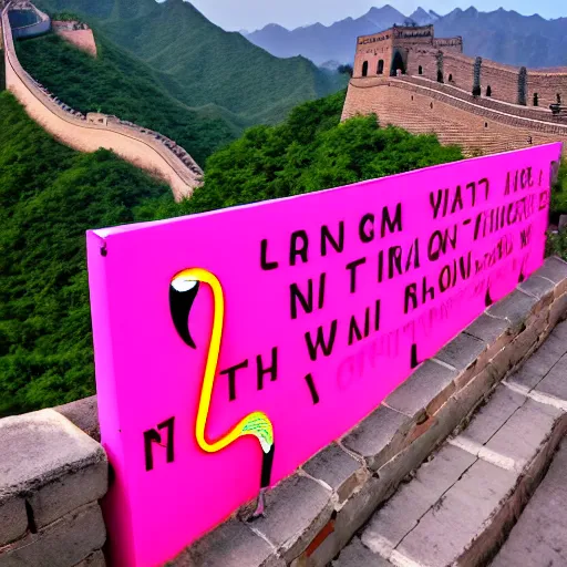 Image similar to neon pink flamingo signs on the great wall of china