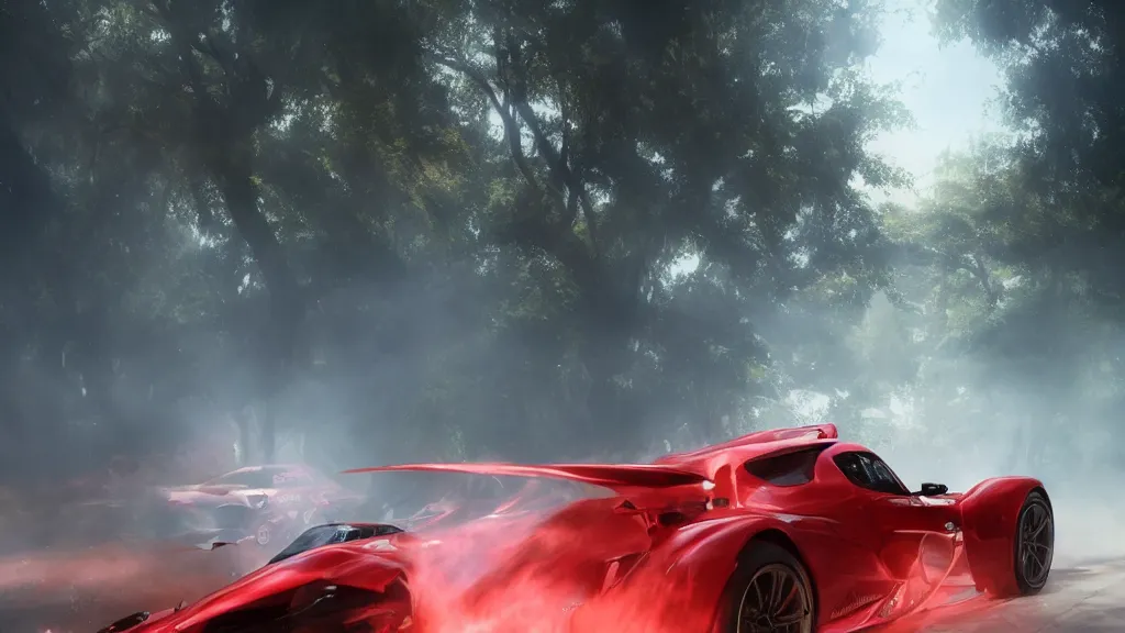 Image similar to Racing car red trail behind it, cinematic shot, epic, volumetric lighting, made by Stanley Artgerm Lau, WLOP, Rossdraws, ArtStation, CGSociety, concept art, cgsociety, octane render, trending on artstation, artstationHD, artstationHQ, unreal engine, 4k, 8k,