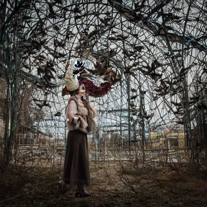 Prompt: a woman wearing a mask made of birds, in an abandoned theme park, by omar z. robles, canon eos c 3 0 0, ƒ 1. 8, 3 5 mm, 8 k, medium - format print