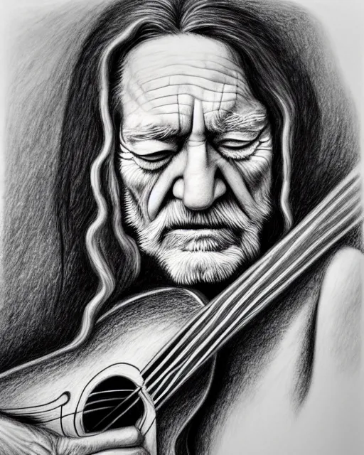 Image similar to a photorealistic portrait of willie nelson hugging his guitar, in the style of salvador dali, pencil drawing, hyperrealist