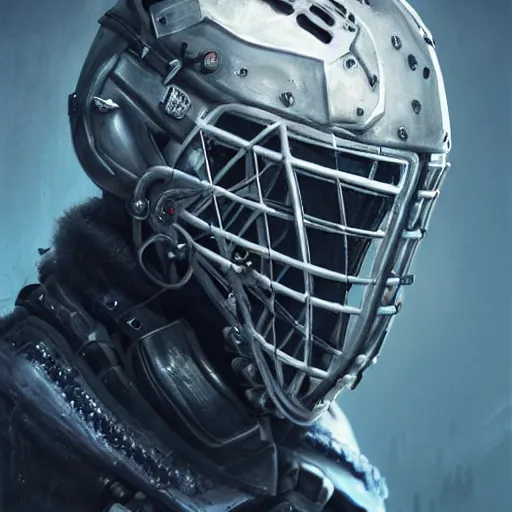 Image similar to Very very very very highly detailed epic central composition studio photography of face with hockey mask, intricate, dystopian, sci-fi, extremely detailed, digital painting, artstation, concept art, smooth, sharp focus, illustration, intimidating lighting, incredible art by Anna Dittmann and Anton Pieck