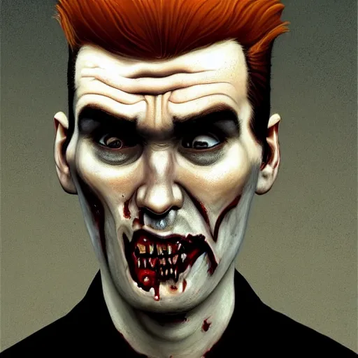 Image similar to portrait of a slim of morrissey as a zombie with a quiff, 7 days to die zombie, fine art, award winning, intricate, elegant, sharp focus, cinematic lighting, rimlight, digital painting, 8 k concept art, art by z. w. gu, art by brom, art by michael hussar, 8 k