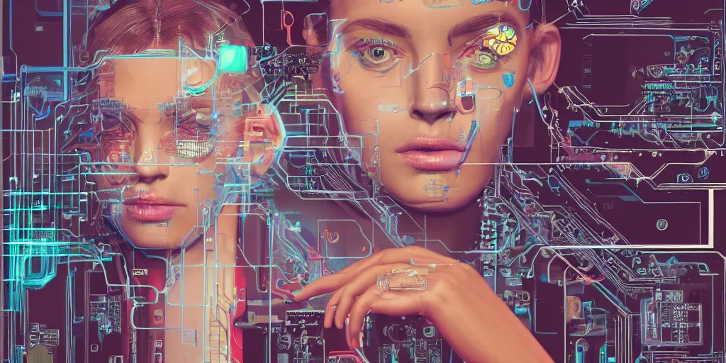 Image similar to portrait of computer & circuits, 8 k, by tristan eaton, trending on deviantart, face enhance, hyper detailed, minimalist, super detailed, cinematic, unreal engine, octane render, chalk texture on canvas