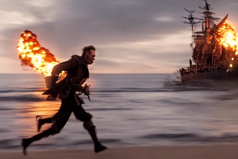 Image similar to vfx movie closeup portrait pirate crew running down beach as pirate ship fires canons, 8 5 mm sand explosion by emmanuel lubezki