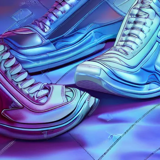 Image similar to futuristic balenciaga and vetements sneakers on gradient background, ultra rendered extreme realism and detail, 8 k, highly detailed, realistic, detailed texture, hyper realistic, photorealistic, sharp focus,