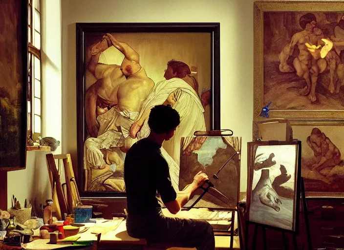 Image similar to a painter in his studio painting a picture of wojak memes, by edgar maxence and caravaggio and michael whelan and delacroix style, artistic, intricate drawing, cinematic lighting, hyper realistic, extremely detailed, establishing shot, 8 k resolution, dramatic lighting