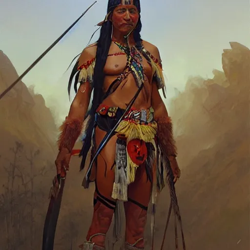 Image similar to Sioux chief preparing to a battle, highly detailed, digital painting, artstation, concept art, sharp focus, illustration, art by artgerm and greg rutkowski and alphonse mucha