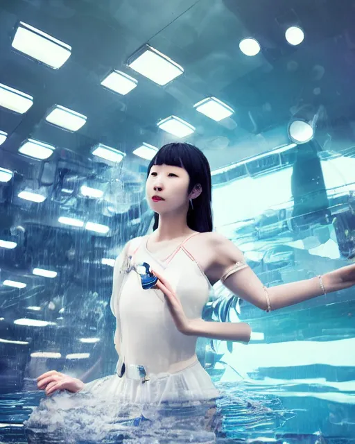 Image similar to beautiful centered photo of korean girl as a solarpunk cyborg with white mechanical parts and implanted bright halogen lamps, treading above calm water, ultra - realistic and detailed, sun lit, white background, bokeh, soft focus, slow exposure hdr 8 k