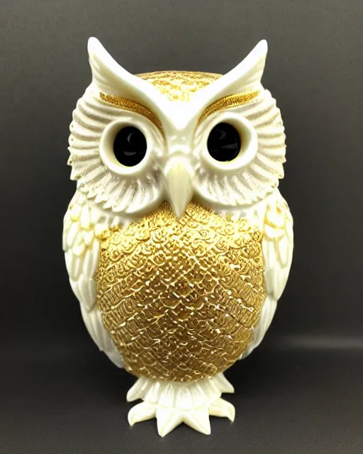 Image similar to royal ornate snow white porcelain realistic detailed owl sanctuary stronghold fortess with golden filigree carved out of ivory