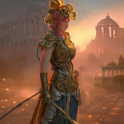 Image similar to portrait knights of Zodiac girl, metalic pink and pastel purple reflected armor, in ruined Agora of Athens sunset, ssci-fi, fantasy, intricate, very very beautiful, elegant, golden light, highly detailed, digital painting, artstation, concept art, smooth, sharp focus, illustration, art by tian zi and WLOP and alphonse mucha