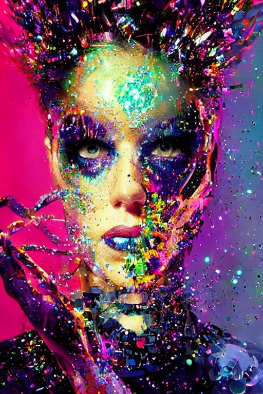 Image similar to portrait, headshot, digital painting, an delightfully mad techno - shaman lady, synthwave, glitter, glitch, fracture, crystal explosion, realistic, hyperdetailed, chiaroscuro, concept art, painterly, art by john berkey
