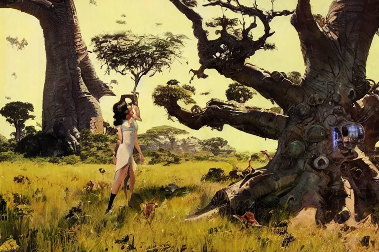 Image similar to 5 0 s pulp scifi illustration, space girl beside baobab tree on expansive english country lawn, by wadim kashin, norman rockwell, morgan weistling, earle bergey, craig mullins, ruan jia, chris foss, tyler edlin