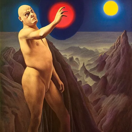 Image similar to a highly detailed occult painting of Aleister Crowley pointing up, cenobyte, hexglow, Rene Magritte, Raphael Hopper, wildcards, denizens, matte painting, glowing eyes, felipe pantone, pascal blanche, pascal blanche, mohrbacher, blanche, magical, wide shot, an expansive view of the sun, intricate details, epic, dramatic, cinematic lighting, hyperrealistic, skeletal, elaborate, furniture, dreamy, machine, robot, cardboard, dark, inception, cinematic lighting, surrealism style, muted colors, soft tones, pastel colors, ornate in the dnd art style on album cover, unreal