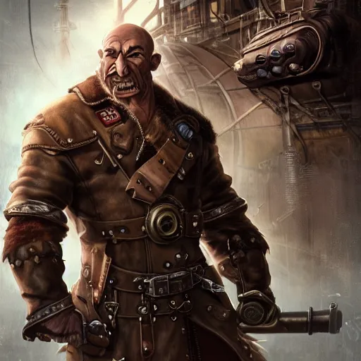 Prompt: portrait of a muscular, bald orc mechanic, wearing a heavy brown leather coat, wrench on hand, steampunk setting, gears, airship on the background, dramatic lighting, high detail, digital art by Rossdraws