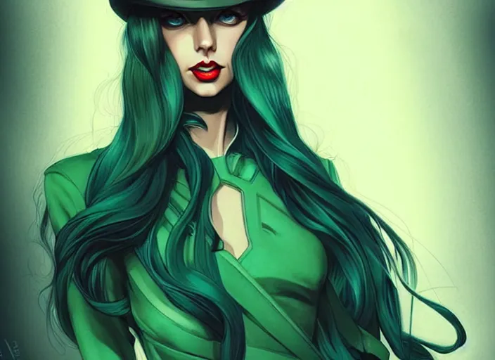 Prompt: style artgerm, joshua middleton, taylor swift with green dress, very long blue hair, symmetrical face, symmetrical eyes, steampunk western gunslinger, cinematic lighting