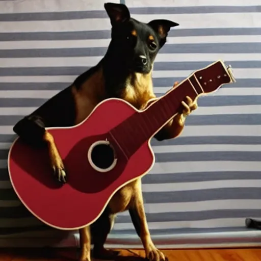 Image similar to dog playing a guitar, cool, rad, amazing, realistic