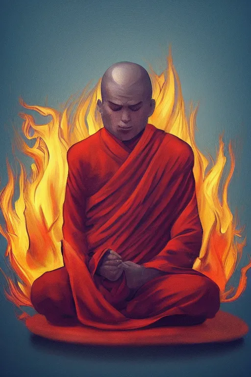 Image similar to A single monk meditating in flames by Afshar Petros, Trending on artstation.